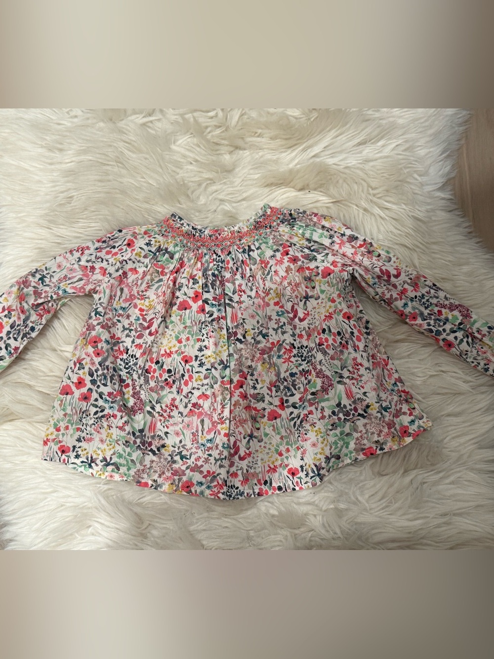 Bonpoint Floral Smocked Neck Blouse - White with Pink, Green, Navy sz 3
